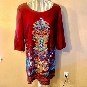 NEW Boho Dress XL BeBop Burgundy Multicolored Mandala pattern Mini Dress 1/2 Slv